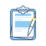 Icono de un portapapeles con un formulario y un bolígrafo, representando la toma de notas y la gestión de tareas.