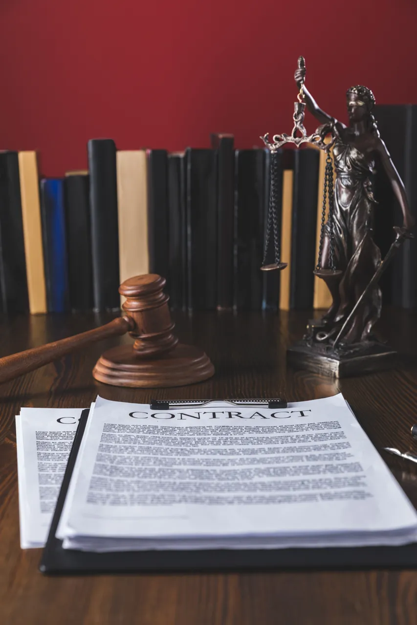 Imagen que muestra documentos de contrato sobre una mesa de madera, junto a un martillo de juez y una figura de la justicia, con una estantería de libros legales al fondo. Ideal para temas legales y jurídicos.